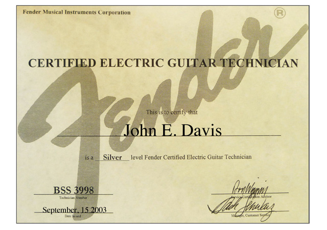 John Davis Fender Silver Repair Certification